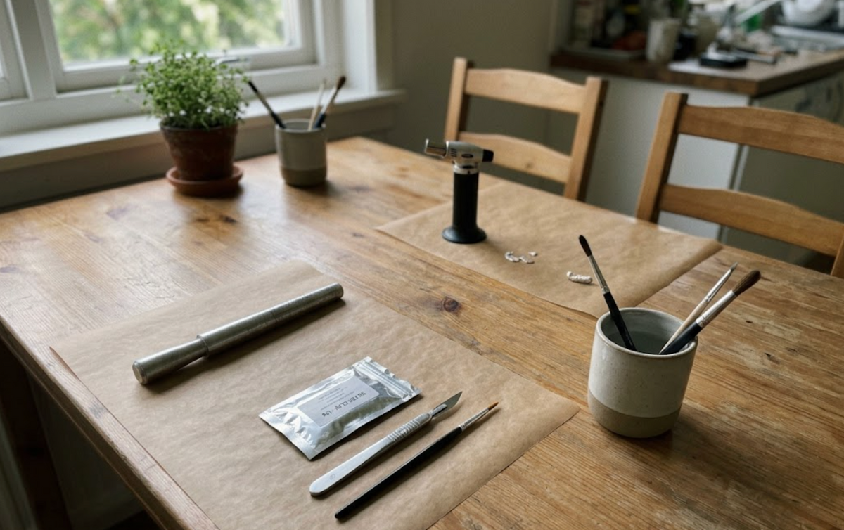 Kitchen table set up as an at-home silver clay ring workshop for two people