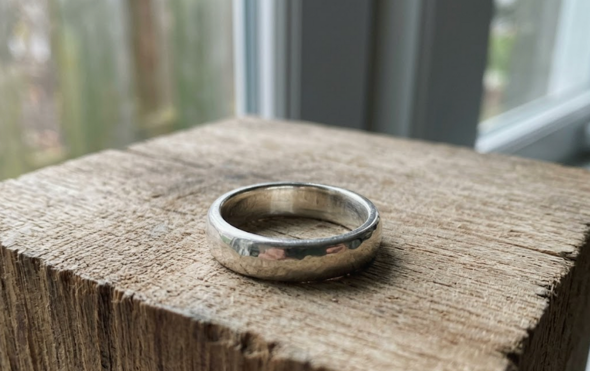 Close-up of a handmade fine silver ring made from silver clay