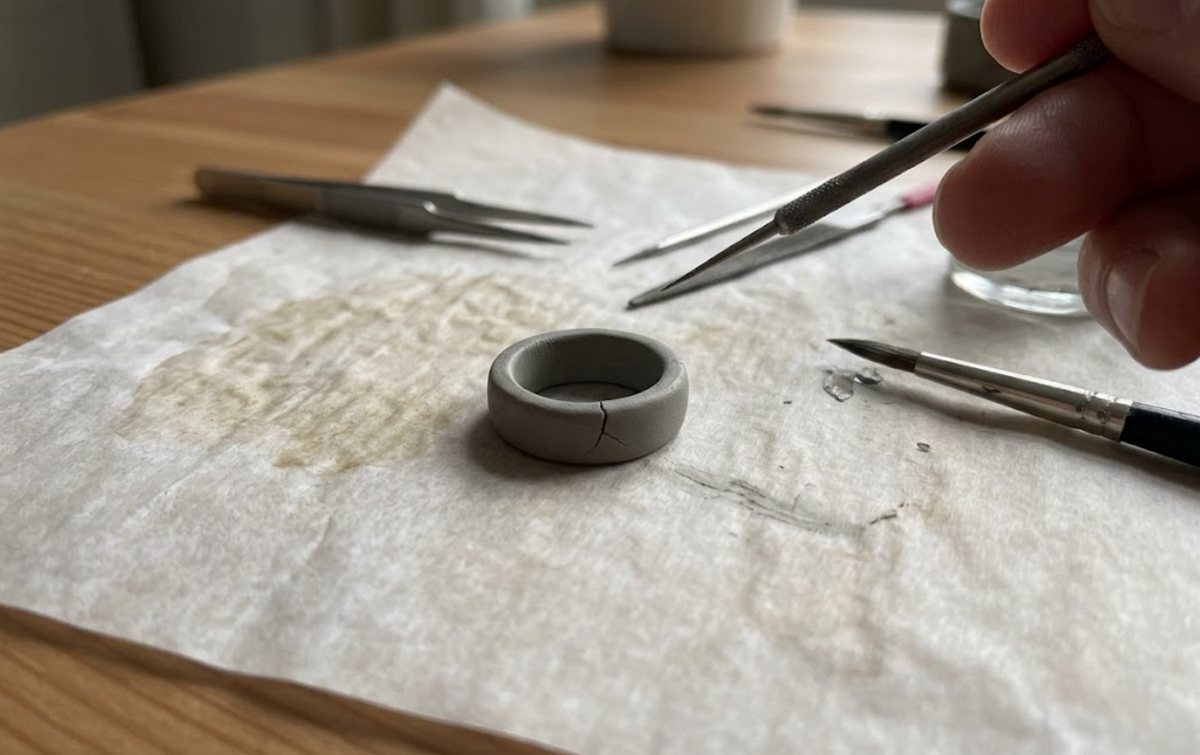 Dried silver clay ring with a hairline crack on a craft table