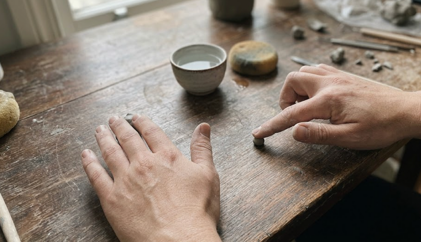 Rolling silver clay into a log on parchment paper