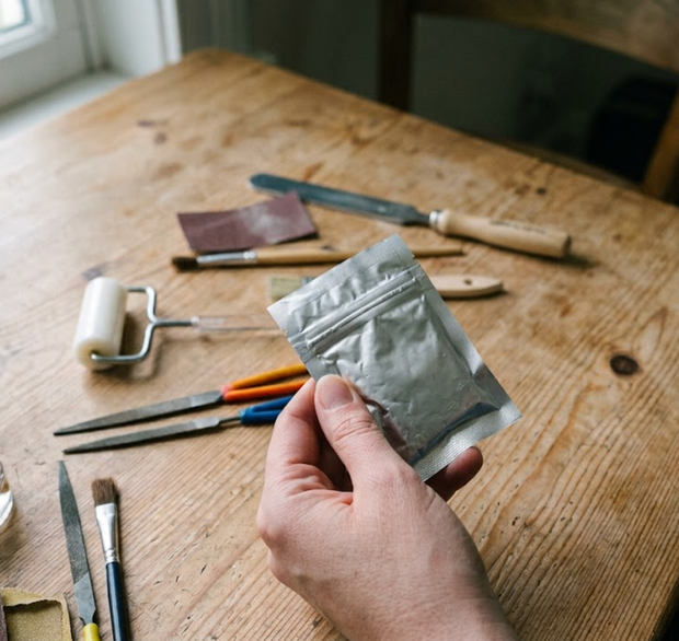 Opening a sealed pack of silver clay with the RingLab kit laid out on a kitchen table