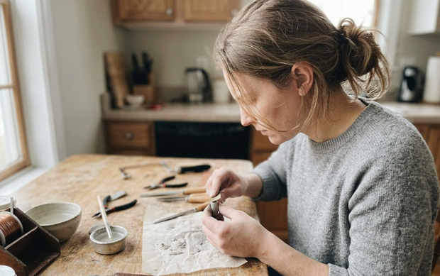 Woman concentrating while shaping a silver clay ring at a kitchen table