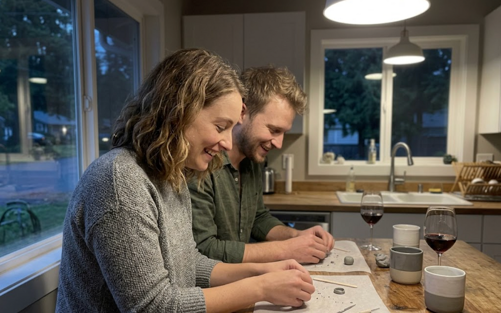 Couple making silver clay rings together at a kitchen counter in the evening