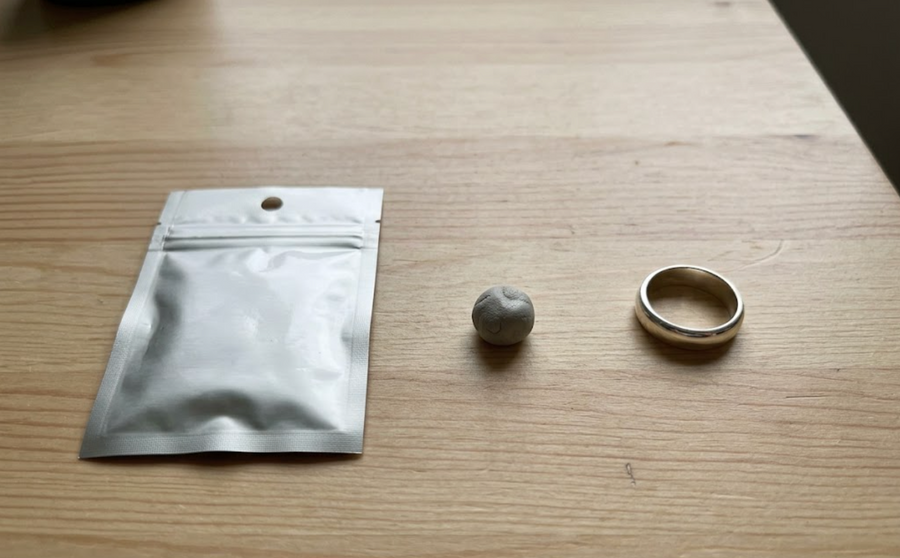 Silver clay pack, rolled clay log and finished fine silver ring showing the transformation