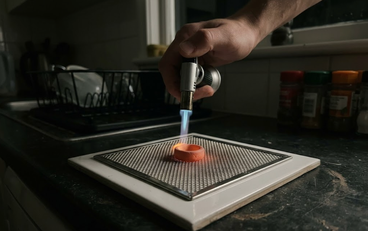 Silver clay ring glowing orange-red on a sintering mesh during torch firing